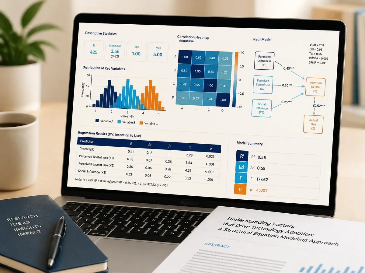 Statistical analysis output and research paper on a desk